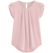 KDDYLITQ Boho Tops for Women 2023 Petal Sleeve Keyhole Back Women's Business Casual Blouses Chiffon Round Neck Tshirt Women Pleated Womens Short Sleeve T Shirts Pink 3X
