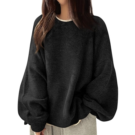 KDDYLITQ Womens Drop Shoulder Split Hem Sweater Crewneck Long Lantern Sleeve Ribbed Kni Tops Side Slit Knit Soft Pullover Sweater Oversized Fall Trendy Clothes Black M