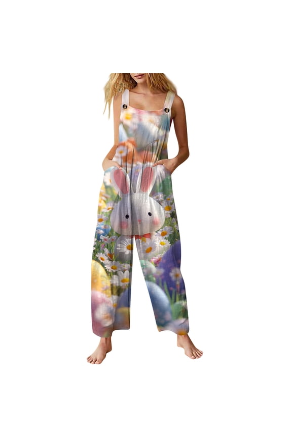 Womens Easter Overalls Bunny Eggs Button Strap U Neck Dressy Jumpsuit Polka Dot Eggs Sleeveless Wide Leg Vacation Holiday Pants with Pockets Purple Pink 2XL