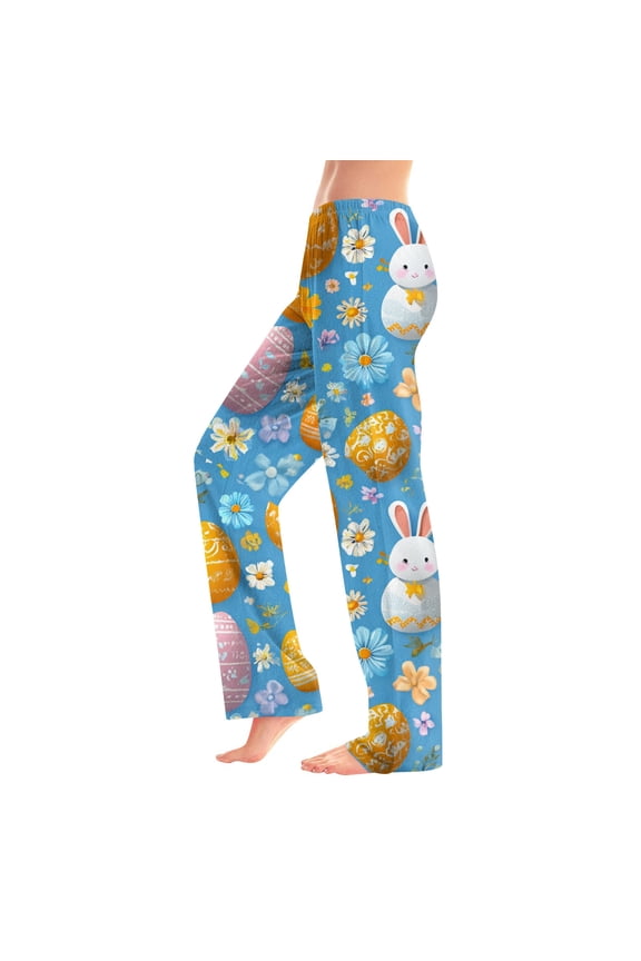 Womens Easter Pajamas Bunny Eggs Elastic Hight Waist Drawstring Casual Pj Bottoms Bunny Rabbit Eggs Graphic Straight Wide Leg Comfy Fashion Lounge Pants Blue 3XL
