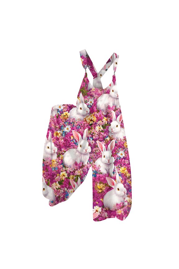 Womens Easter Romper Bunny Print Graphic Sleeveless Wide Leg Casual Holiday Pants Bunny Rabbit Eggs Graphic Crisscross Straps U Neck Soft Jumpsuit with Pockets Hot Pink M