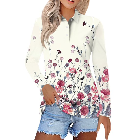 KDDYLITQ Womens Golf Sweatshirts Collared Long Sleeve T Shirt Lightweight Moisture Wicking Polo Casual 3 Buttons Polo Shirts Pink 2XL