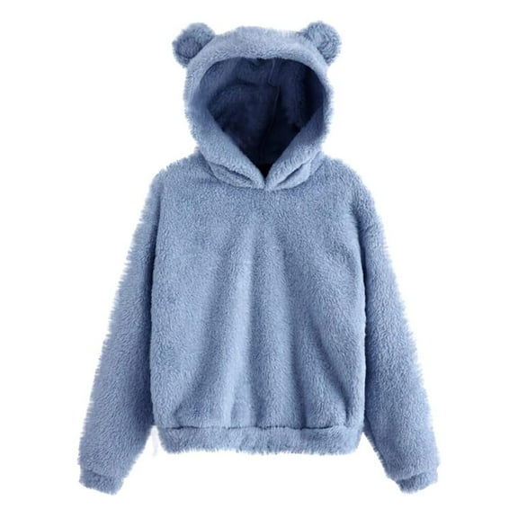 KDDYLITQ Womens Hoodies Cat Ear Fluffy Winter Clothing Y2k Hooded Casual Pullover Preppy Long Sleeve Fuzzy Tops Kawaii Furry Loose Fit Trendy Sweater Blue S