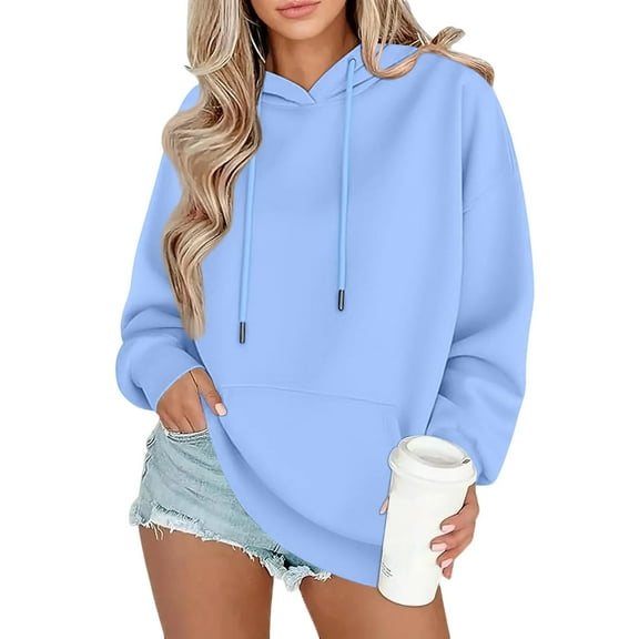 KDDYLITQ Womens Hoodies Fleece Drawstring Sweatshirts Y2k Hooded Trendy Pullover Tops 2025 Casual Loose Fit Clothes with Pocket Light Blue XL