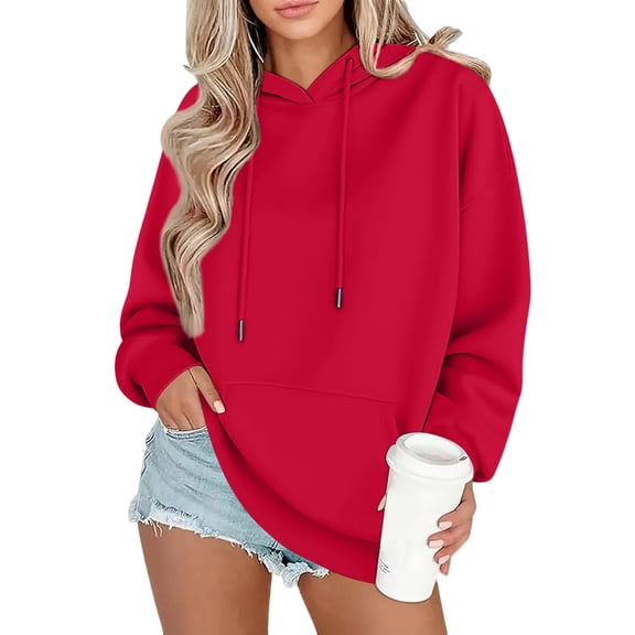 KDDYLITQ Womens Hoodies Fleece Long Sleeve Sweatshirts Y2k Drawstring Fall Sweatshirt Casual Fashion Warm Clothes with Pocket Red M