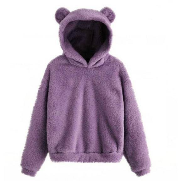 KDDYLITQ Womens Hoodies Preppy Solid Soft Sweatshirts Y2k Hooded Cozy Outerwear Cartoon Long Sleeve Comfy Tops Teddy Bear Ears Fluffy Loose Fit Comfort Shirts Purple L