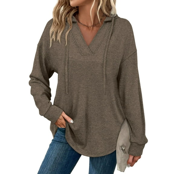 KDDYLITQ Womens Hoodies Retro Drop Shoulder Plus Size Sweatshirts Plain V Neck Lightweight Tops Baggy Hooded Dressy Clothes Soft Comfort Sweat Shirts Coffee XL