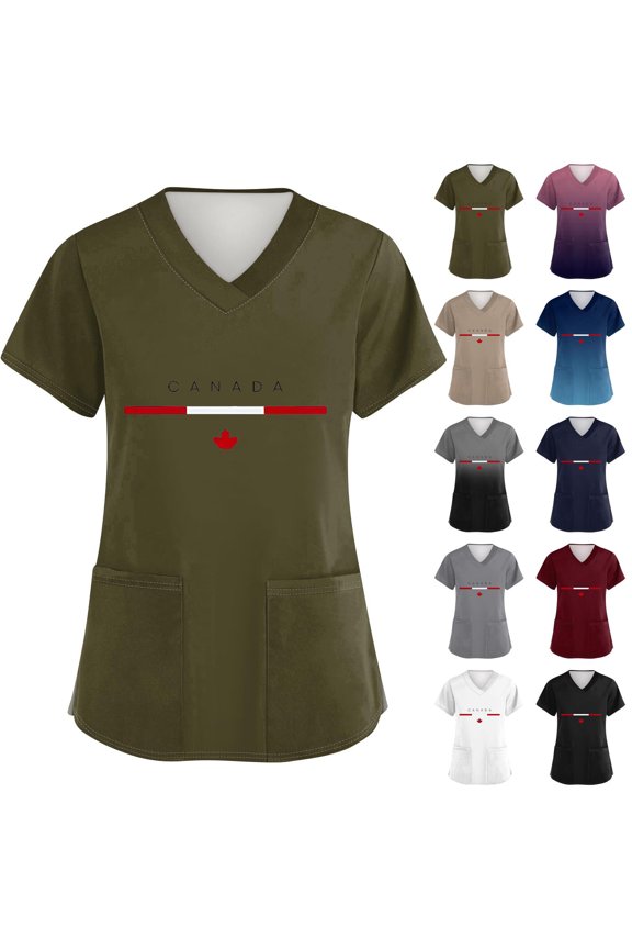 Womens Independence Day Freedom Shirts 4th July National Flag Print V Neck Tops Independence Usa Star Stripes Freedom Tees Printed Cute Short Sleeve Scrubs Blouses Khaki L