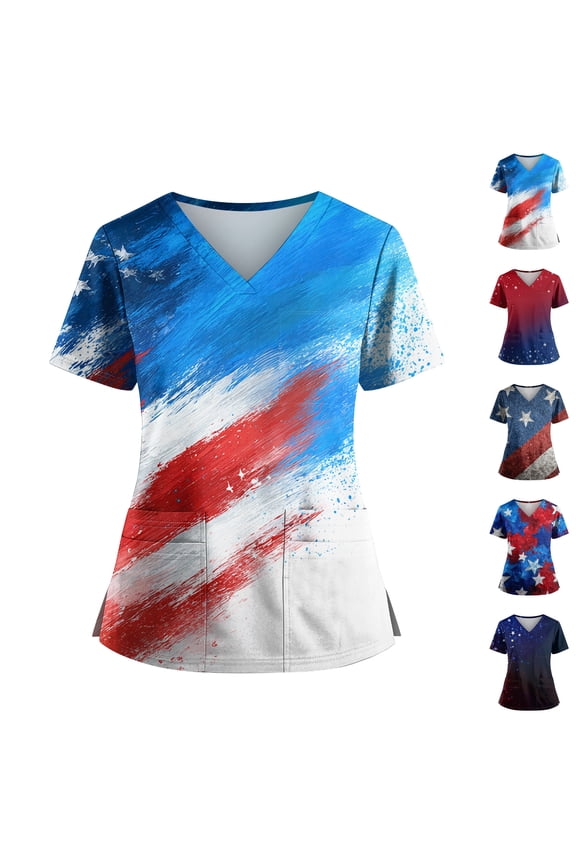 Womens Independence Day Freedom Tshirt 4th Of July 250th Birthday V Neck T-Shirts Summer Printed Freedom Blouses Usa Star Stripes Fashion Short Sleeve Scrubs Tops Blue 3XL