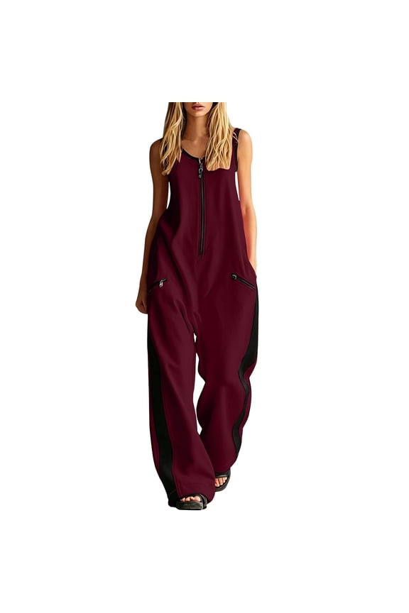 Womens Jumpsuit Crew Neck Sleeveless Zipper Color Block Rompers Loose Retro Wide Leg Overalls with Pockets Wine S