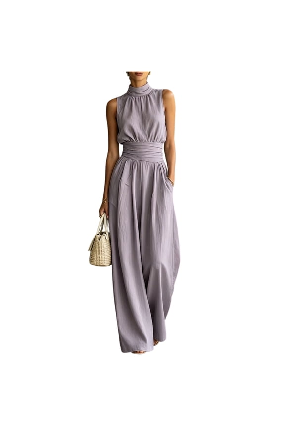 Womens Jumpsuit Tie Neck Sleeveless Loose Fit Wide Leg Linen Rompers Dressy Summer Overalls with Pockets Purple XL