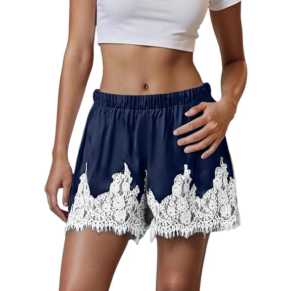 KDDYLITQ Womens Lace Shorts Low Rise Satin Mini Pajama Shorts Patchwork Silk Lounge Pjs Pants Flowy Sexy Pants Blue S