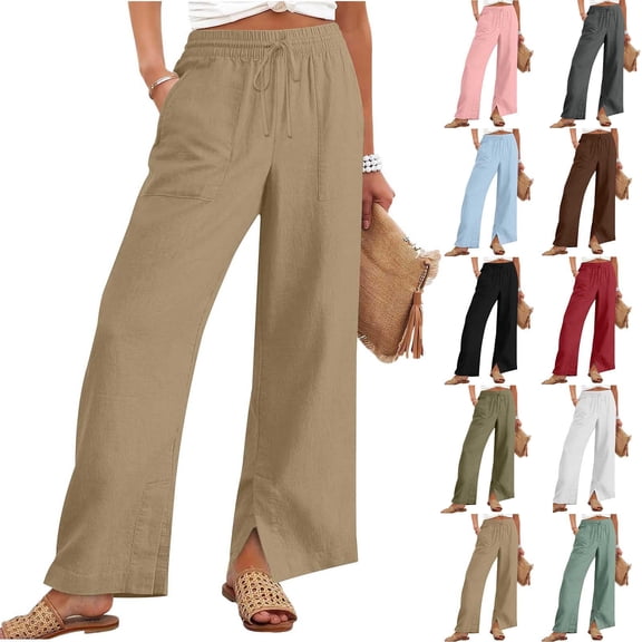 KDDYLITQ Womens Linen Trousers Split Hem Elastic High Waisted Pants Cotton Linen Drawstring 2026 Joggers Casual Trendy Loungewear with Pockets Khaki 3XL