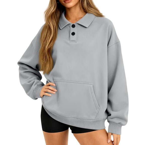 KDDYLITQ Womens Oversized Pullover Drop Shoulder Button Henley Sweatshirts Long Sleeve Lapel Collared Loose Sweater Casual Warm Top with Pocket Light Gray XL