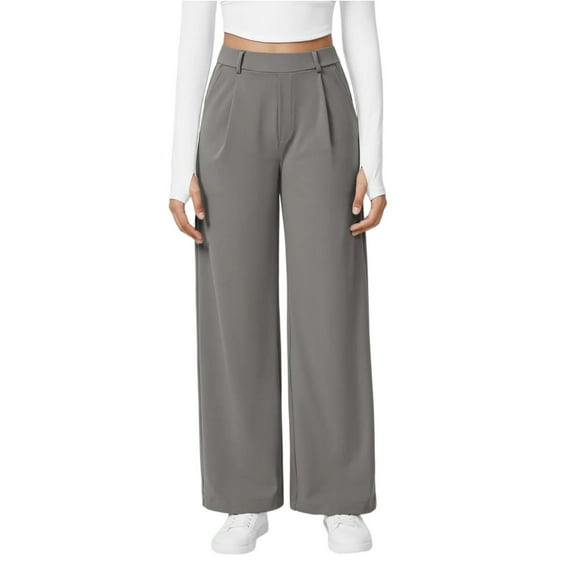 KDDYLITQ Womens Pants High Elastic Waist Front Pleated Dress Pants Straight Wide Leg Trousers Business Soft Slacks with Pocket Gray M