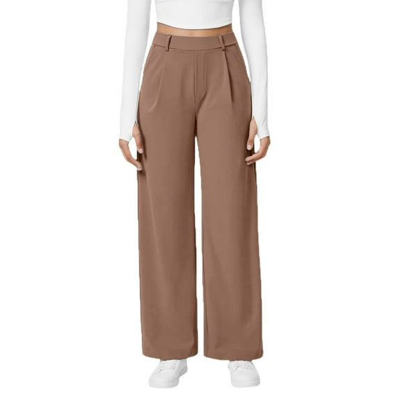 KDDYLITQ Womens Pants High Elastic Waist Front Pleated Dress Pants Straight Wide Leg Trousers Casual Fall Work Pants with Pocket Camel 2XL
