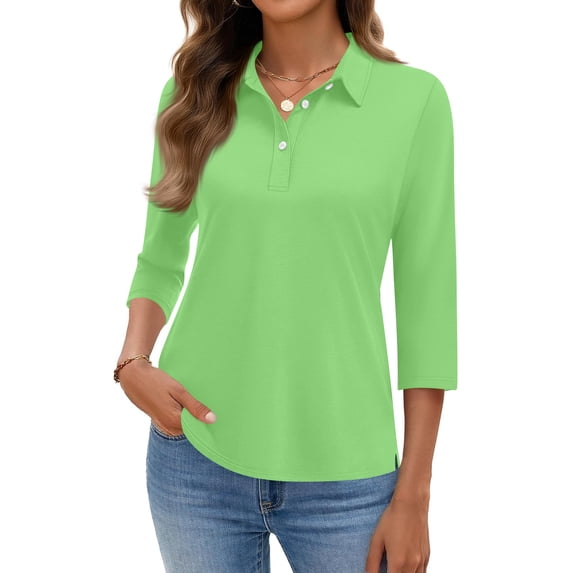KDDYLITQ Womens Polo Shirt 3/4 Sleeve Collared Tees 3-Button Casual Summer Tops Business Office Gym Shirts Green M