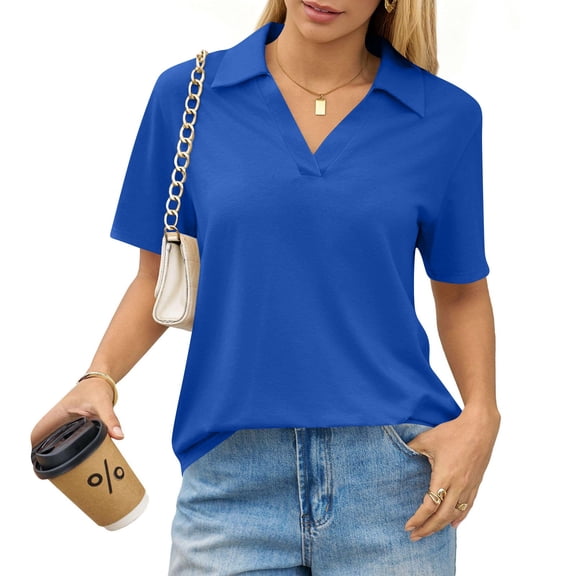 KDDYLITQ Womens Polo Shirts Collared Lapel Collar Dressy Tops Short Sleeve V Neck Summer Shirts Work Cute Tees Blue S