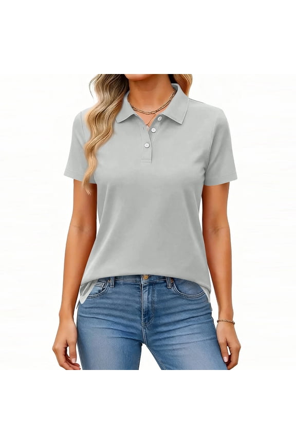 Womens Polo Shirts Short Sleeve Button Lapel Collared Summer Tops Business Casual Basic Tees Light Gray XL