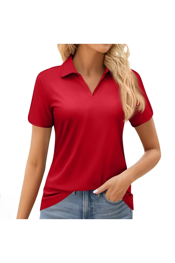 Womens Polo Shirts V Neck Solid Color Causal Tops Short Sleeve Collared Dressy Shirts Work Baggy Workout Athletic Uniform Red 2XL