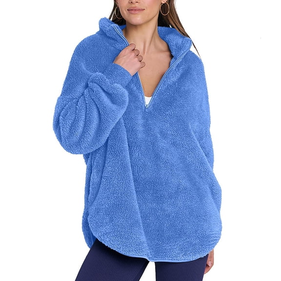 KDDYLITQ Womens Pullover Baggy Collar Plus Size Sweaters Light No Hooded Casual Sweat Shirts Plain 1/4 Zipper Dressy Clothing Loose Fit Hoodie with Pocket Blue L