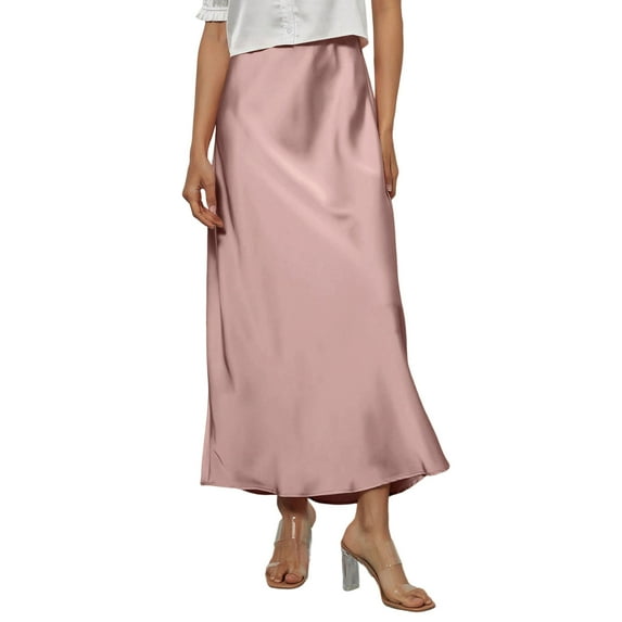 KDDYLITQ Womens Satin Maxi Skirt a Line Elastic Waistband Skirts Silk Solid Color Elegant Long Skirts Work Dressy Skirt Pink M