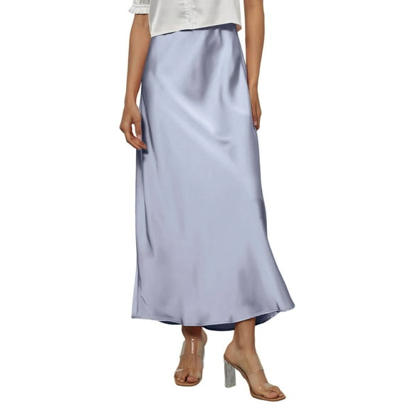 KDDYLITQ Womens Satin Skirts a Line Solid Color Maxi Skirt Flared High Waisted Elegant Skirt Casual Long Skirts Purple Pink M