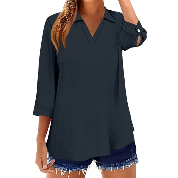 KDDYLITQ Womens Shirts Collared Lapel Collar 3/4 Sleeve Tops V Neck Solid Color Business Blouse Casual 2026 Polo Shirts Navy XL