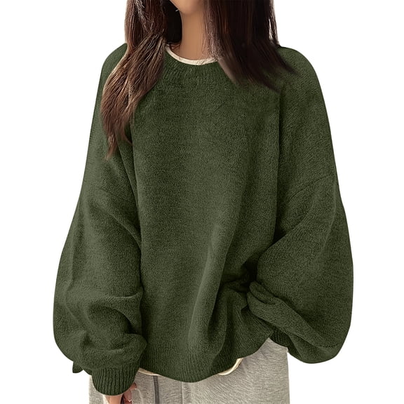 KDDYLITQ Womens Split Hem Tops Crewneck Long Lantern Sleeve Solid Color Sweater Oversized Winter Pullover Sweater Knitting 2025 Clothes Army Green 2XL