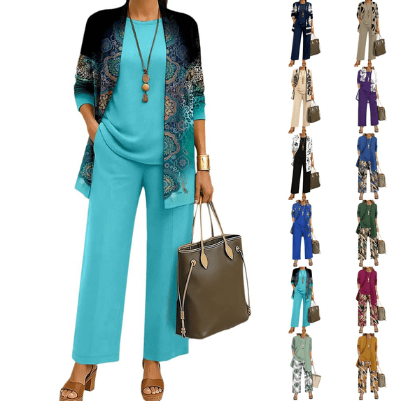 KDDYLITQ Womens Summer Outfits 3 Piece Open Front Long Sleeve Floral Jacket Matching Straight Leg Pant Vocation Casual Lounge Sets with Pockets Cyan S