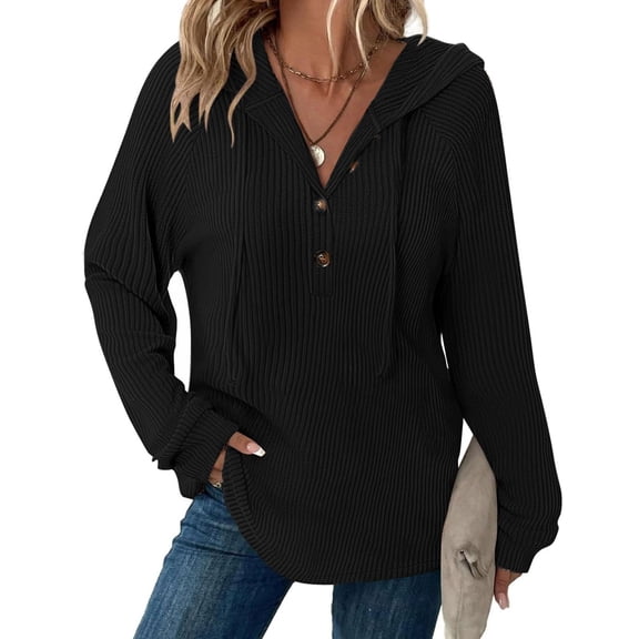 KDDYLITQ Womens Sweaters Hooded Knitted Button Up Hoodie V Neck Drawstring Sweatshirt Lightweight Trendy Tops Black XL