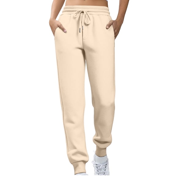 KDDYLITQ Womens Sweatpants Fleece Joggers High Elastic Waisted Drawstring Trousers Workout Comfy Pants with Pocket Beige S