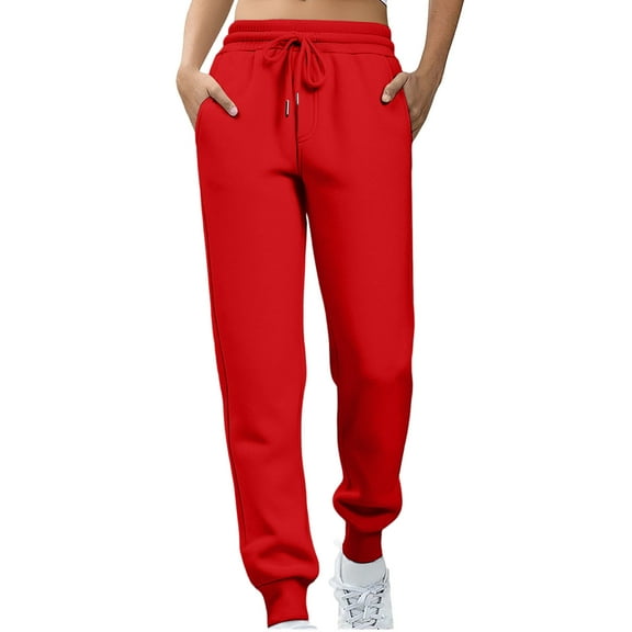 KDDYLITQ Womens Sweatpants Fleece Joggers Straight Leg Drawstring Trousers Athletic Work Pants with Pocket Red L