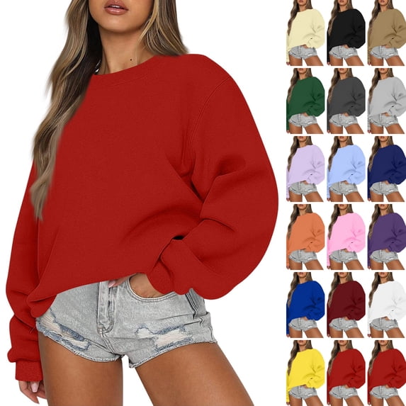 KDDYLITQ Womens Sweatshirt Long Sleeve Crewneck Basic Solid Loose Fit Casual Pullover Tops Winter Y2k Sport Sweatshirts Red L