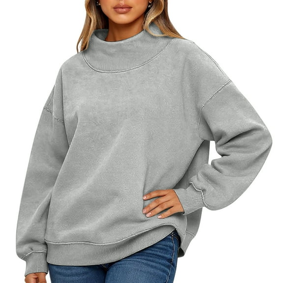 KDDYLITQ Womens Sweatshirt Preppy Turtleneck Lightweight Shirts Plain Mock Neck Loose Sweater Oversized Long Sleeve Loose Fit T-Shirt Comfy Fall Cute Pullover Gray L