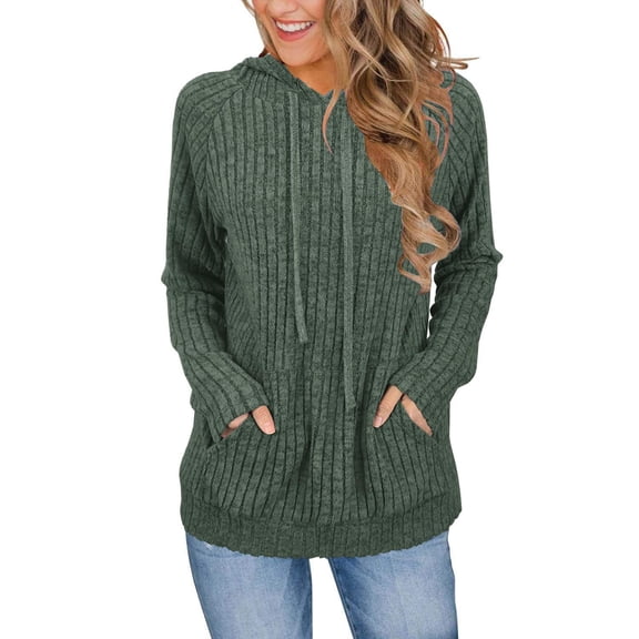 KDDYLITQ Womens Sweatshirts Ribbed Knit Drawstring Hoodie Long Sleeve Fall Shirts Fashion Tops with Pocket Army Green M