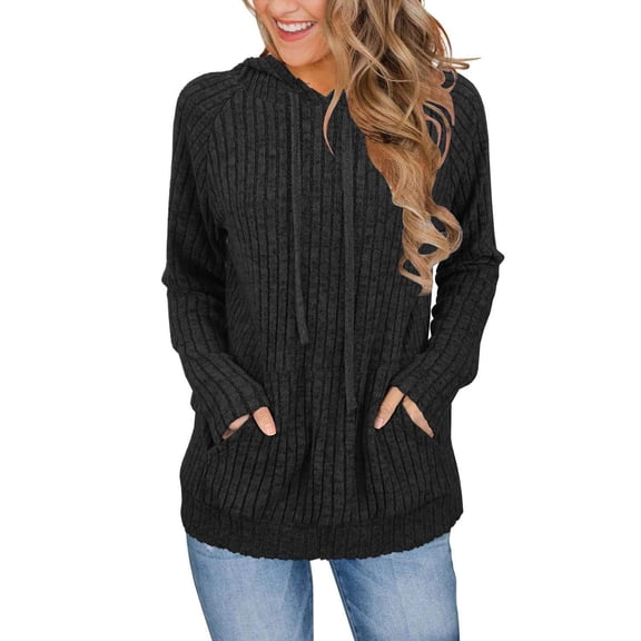 KDDYLITQ Womens Sweatshirts Ribbed Knit Long Sleeve Hoodie Drawstring Casual Clothes Fall Oversized Tunic Sweaters with Pocket Black S