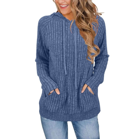 KDDYLITQ Womens Sweatshirts Ribbed Knit Long Sleeve Hoodie Drawstring Fall Pullover Loose Lightweight Tops with Pocket Blue L