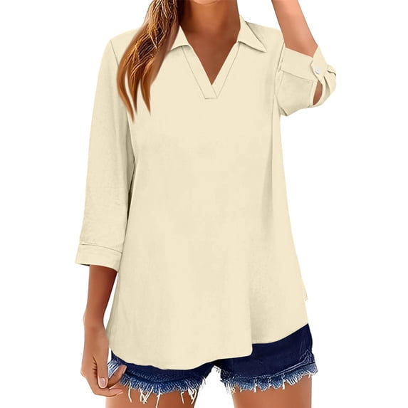 KDDYLITQ Womens Tops 3/4 Sleeve V Neck Basic Shirts Cotton Linen Solid Color Dressy Blouse Work 2026 Polo Shirts Beige 2XL