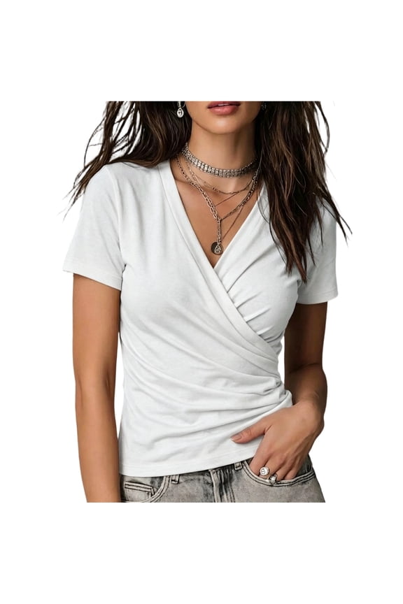 Womens Tops Cross Wrap Ruched Sexy Deep V Neck Shirts Slim Fit Short Sleeve Tunic Blouses White XL