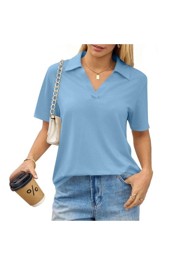 Womens Tops Short Sleeve Lapel Collar Dressy Polo Shirts Collared V Neck Business Tees Summer Loose Shirts Sky Blue M