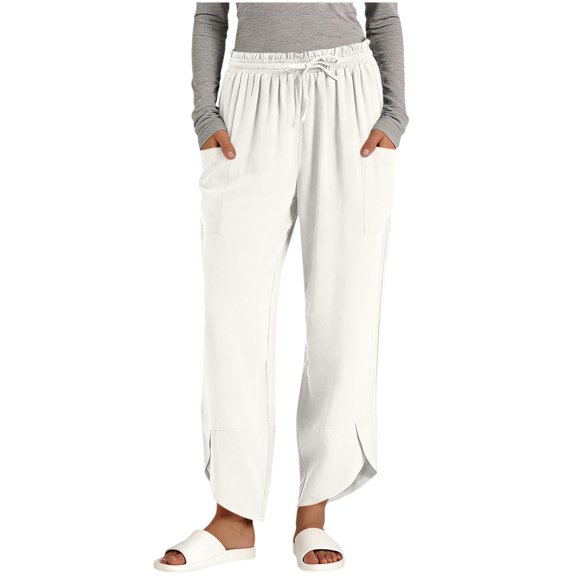 KDDYLITQ Womens Trousers Cropped Elastic High Waisted Pants Side Slit Hem Drawstring Flowy Sweatpants Baggy Workout Joggers with Pockets White L