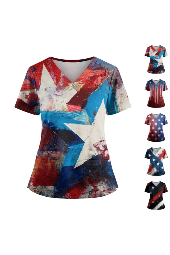 Womens U.s. 250th Anniversary Shirts Independence 250th Birthday Short Sleeve Scrubs Tops Vintage Printed Freedom Tees National Flag Print Loose V Neck Blouses Light Blue 5XL