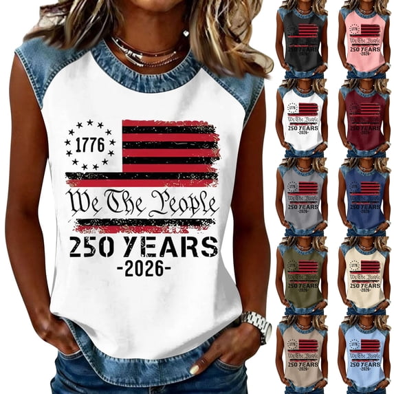 KDDYLITQ Womens U.s. 250th Anniversary Tshirt 4th July 250 Years Birthday Sleeveless Tanks Liberty Usa Star Stripes American Birthday Blouses American Flag Loose Crew Neck Tops Khaki 3XL