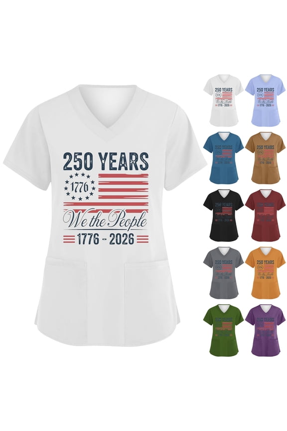 Womens United States 250th Anniversary Shirts Liberty Printed Short Sleeve Scrubs Tops Patriotic National Flag Print Birthday T-Shirts Red White Blue 2026 V Neck Blouses Light Brown M