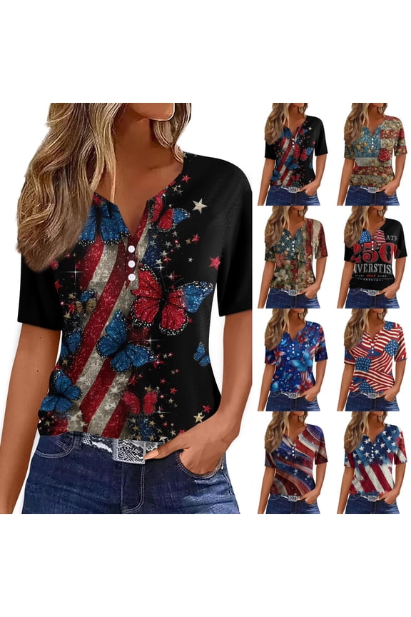 Womens United States 250th Anniversary Shirts Summer 250th Birthday Short Sleeve Tees Birthday Flag Vintage Blouses Red White Blue Plus Size Button Henley V Neck T-Shirts Multicolor L