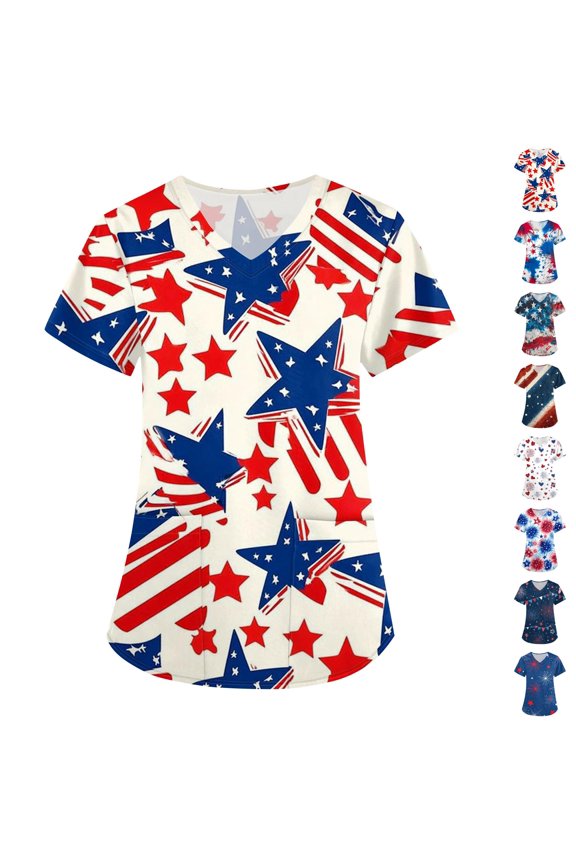 Womens United States 250th Anniversary Tshirt Birthday 250 Years Birthday Short Sleeve Scrubs T-Shirts Fourth Of July Printed 4th July Blouses Usa Star Stripes Graphic V Neck Tees Navy 2XL