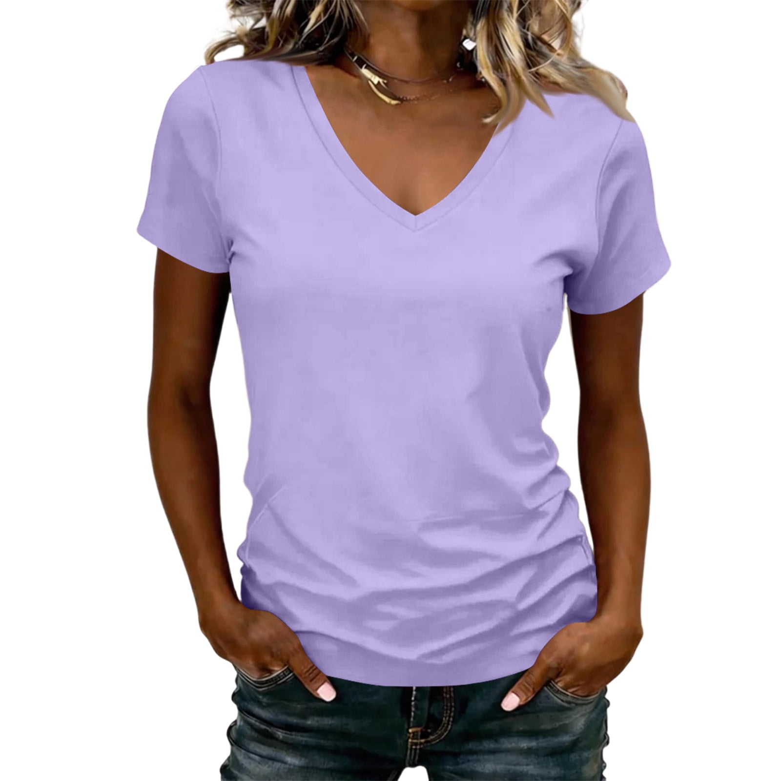 KDDYLITQ Womens V Neck Shirts Solid Short Sleeve Tops Summer Casual ...