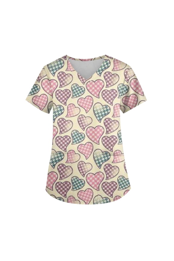 Womens Valentine Scrubs Top Short Sleeve V Neck Shirts Red Pink Valentine's Graphic Nurse Uniforms Plus Size Gift Nursing Working Uniforms with Pockets Beige L