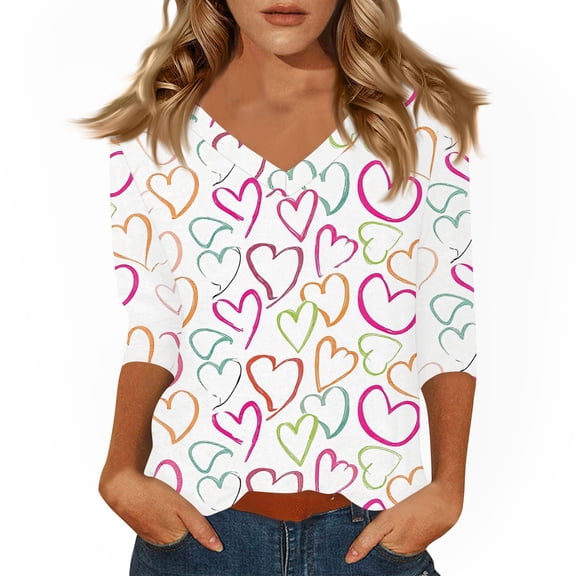 KDDYLITQ Womens Valentine Shirts 3/4 Length Sleeve V Neck Tops Love Heart Graphic Funny T-Shirts Cute Plus Size Tunic Tops Hot Pink L